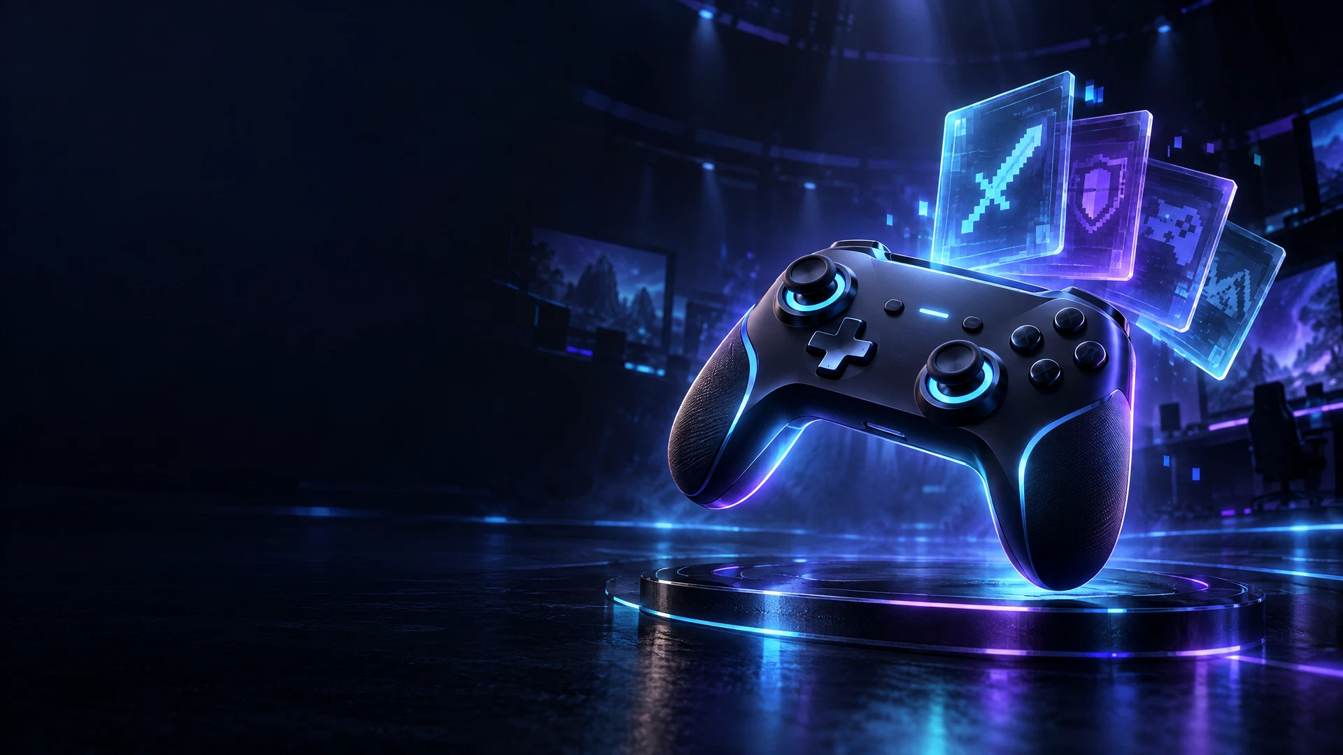 Concept art of a game controller in a dark neon arena